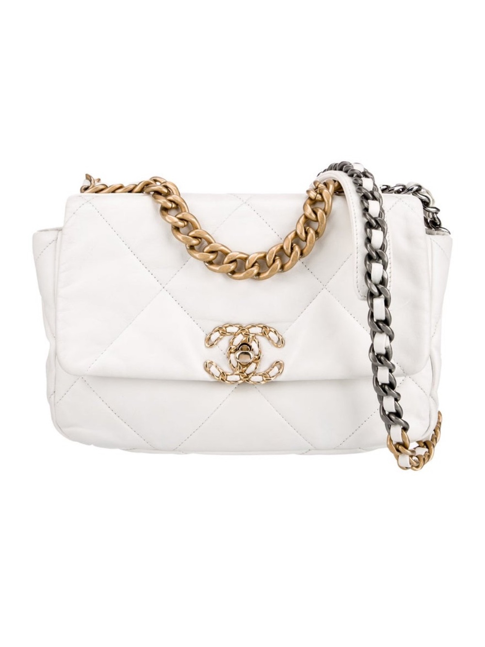 CHANEL White Quilted Shoulder Bag with Mixed Gold & Silver Chain
